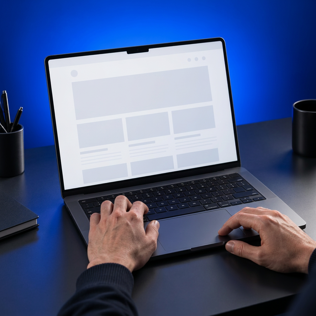 MacBook Pro z projektem strony i dłonie projektanta maiven przy pracy